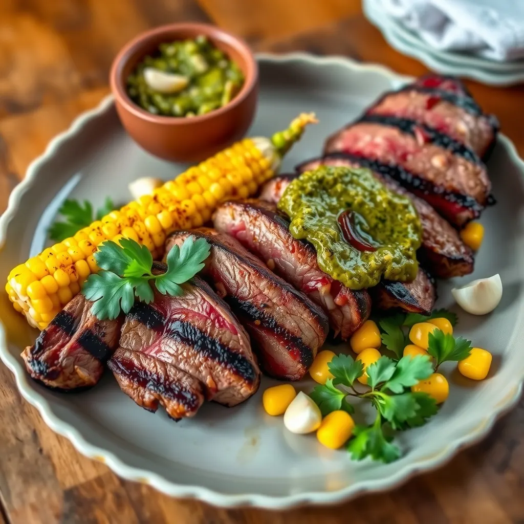 AI-generated illustration of Grilled Flank Steak with Chimichurri and Charred Corn