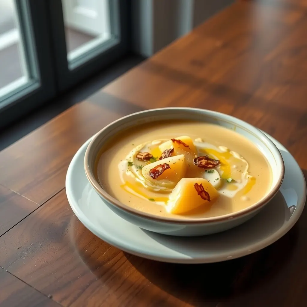 AI-generated illustration of Potato and Leek Soup with Crispy Shallots
